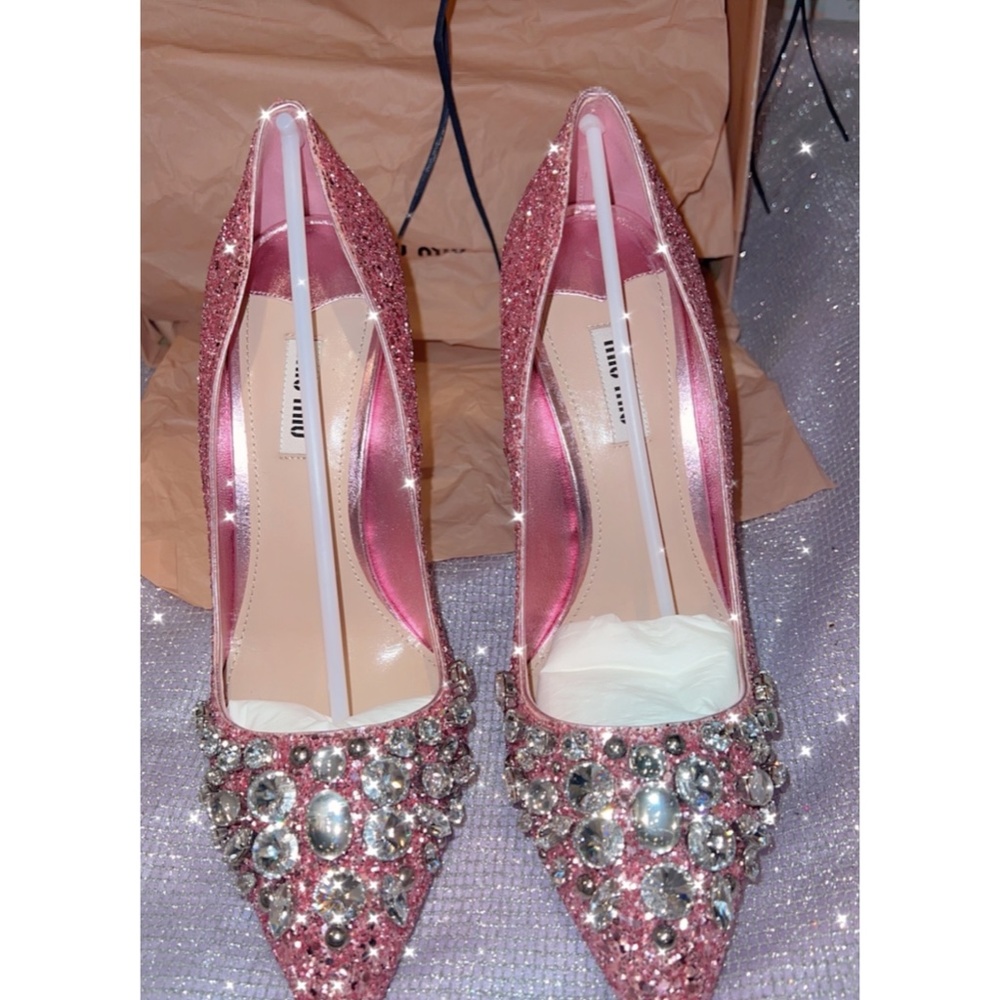 Mui Mui Pink New Glitter Crystal Embellished Pointed Pumps - Picture 3 of 8